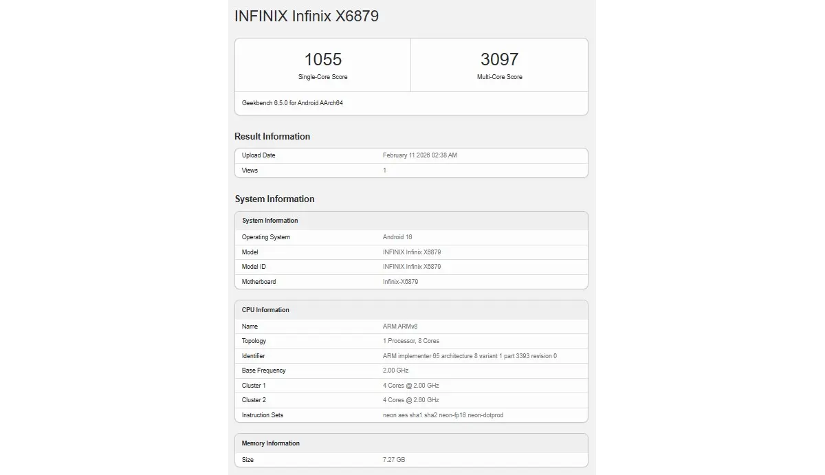 Infinix Note 60 Geekbench-Ergebnisse zeigen MediaTek Dimensity 7400