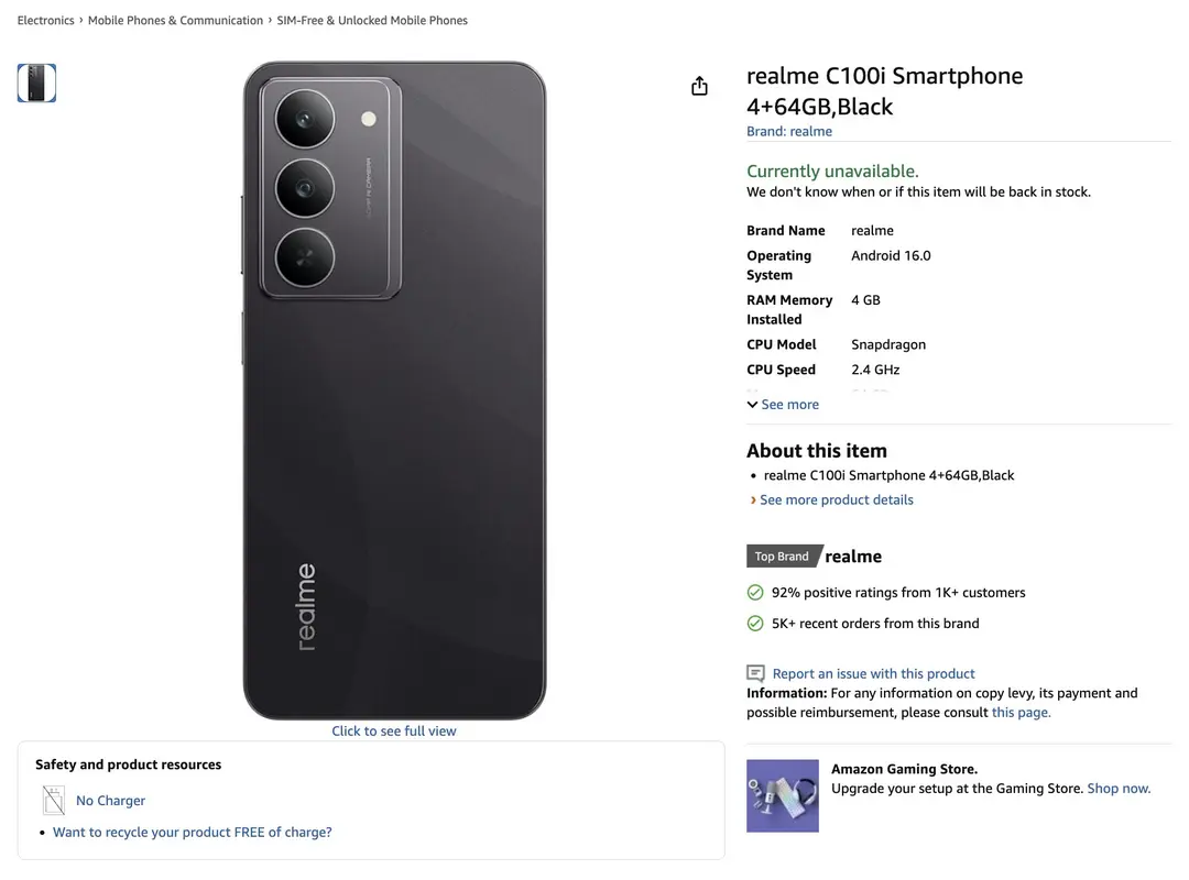 Realme C100i Amazon-Eintrag