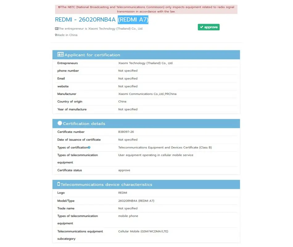 Redmi A7 Certified in Thailand, May Launch With A7 Pro